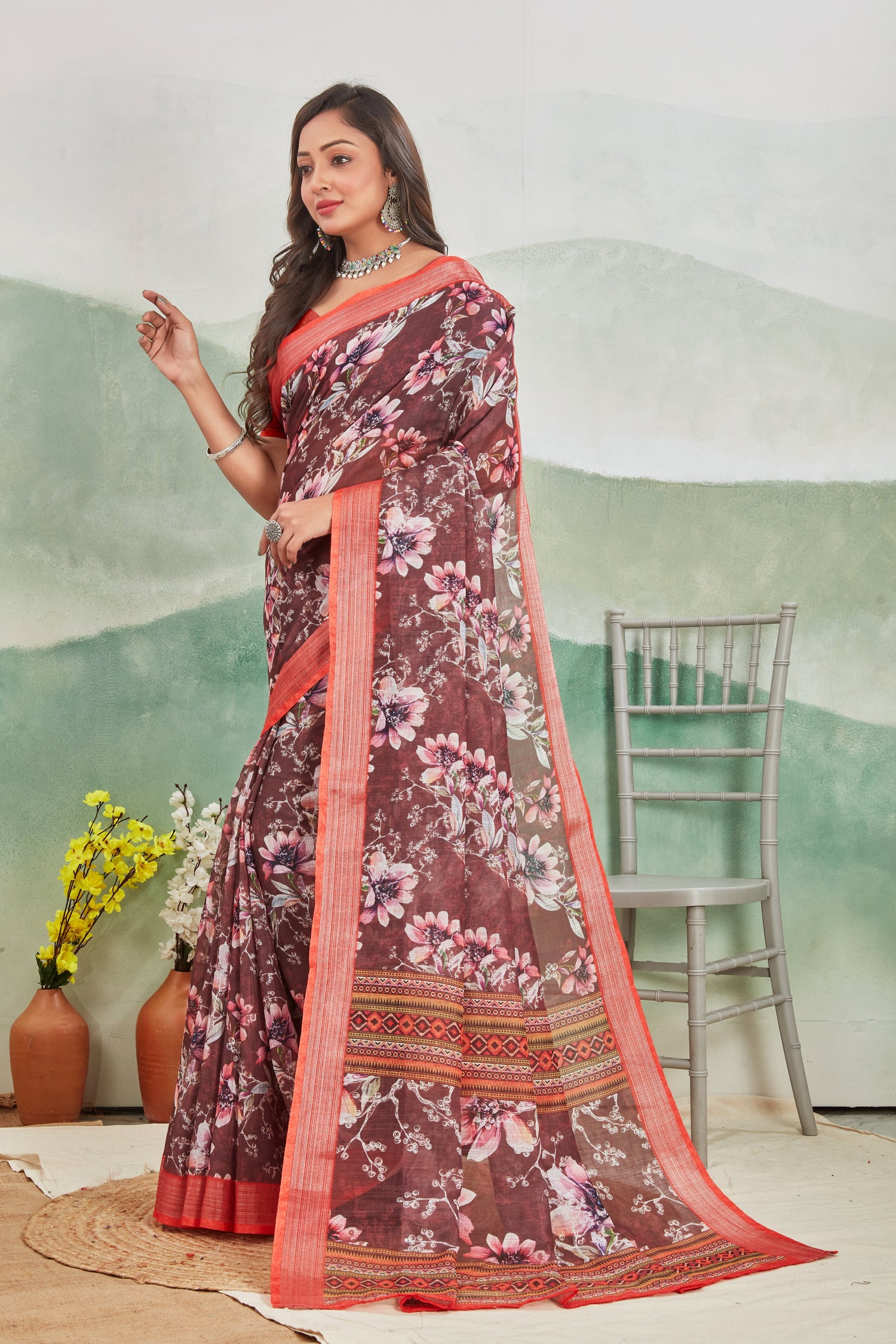 rED Soft Linen Printed Saree For Women Lightweight And Traditional Casual Look