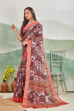 Brown Pure Linen Printed Saree Elegant Look For Casual Wear