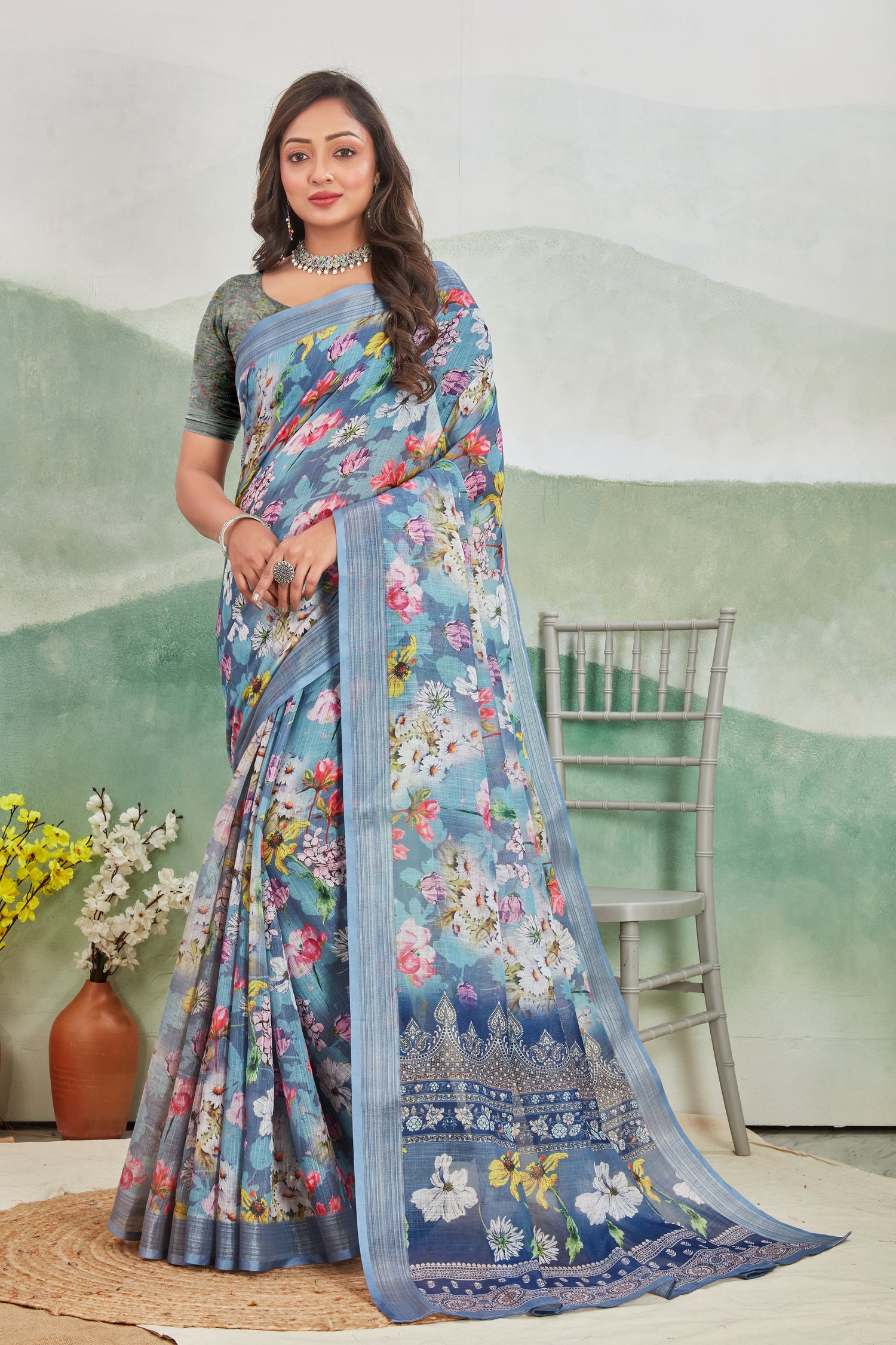 Simple And Chic Blue Linen Saree Pure Printed Everyday Drape