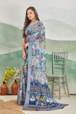 Simple And Chic Blue Linen Saree Pure Printed Everyday Drape
