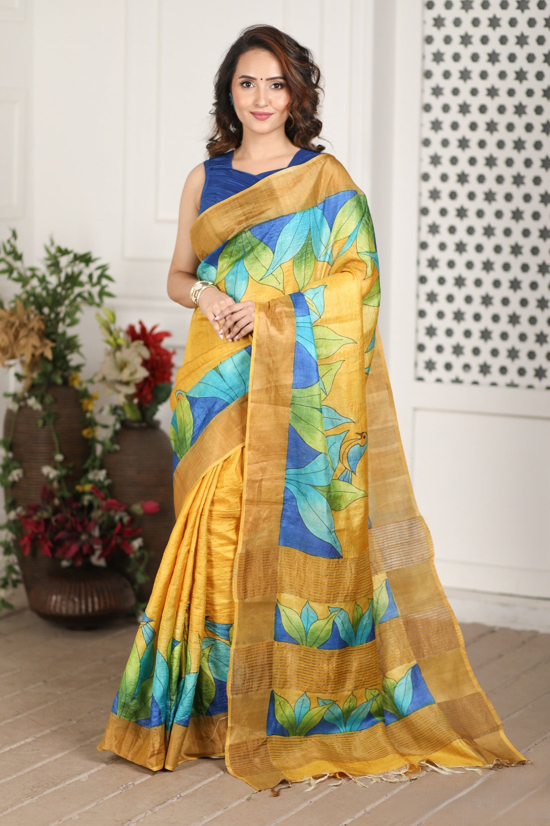 Handcrafted Tussar Silk Saree with Authentic Kalamkari Print And Fashion Blouse