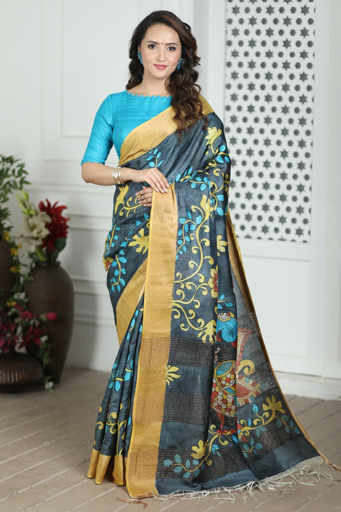 Artistic Handloom Tussar Silk Saree with Kalamkari Work