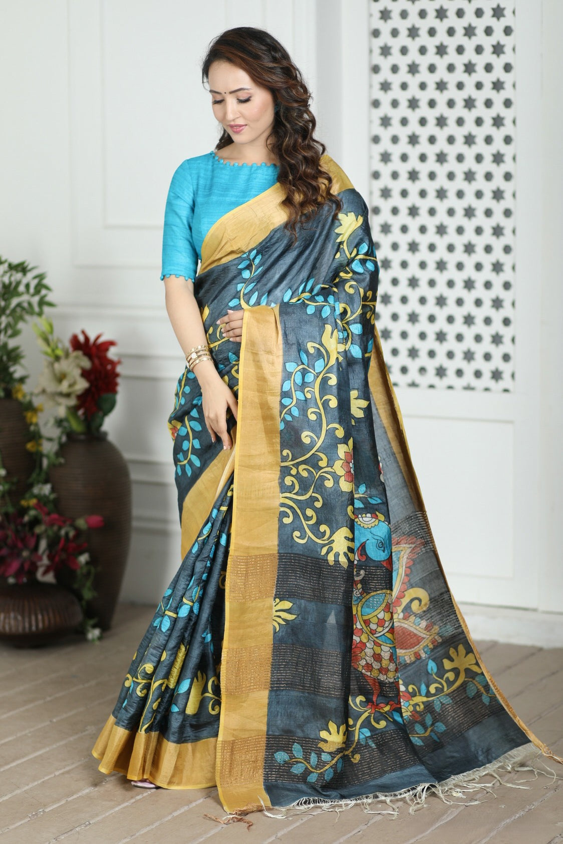 Artistic Handloom Tussar Silk Saree with Kalamkari Work
