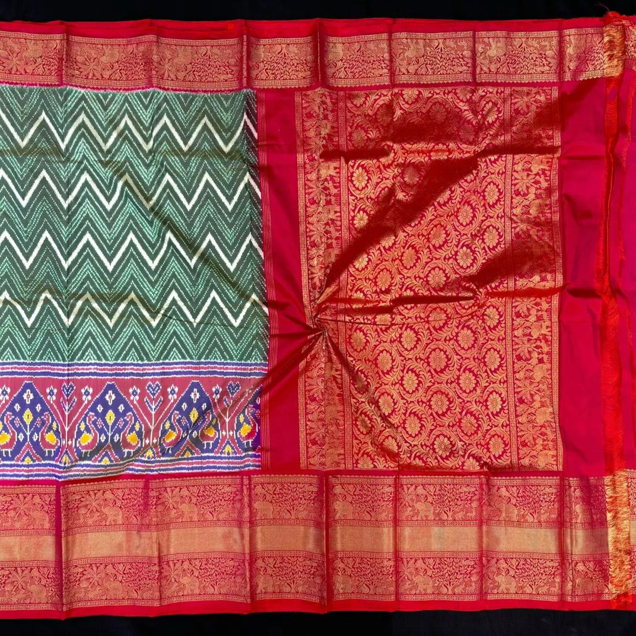 Artistic Sea Green Ikkat Print Kanchipuram Weave Saree In Fancy Silk