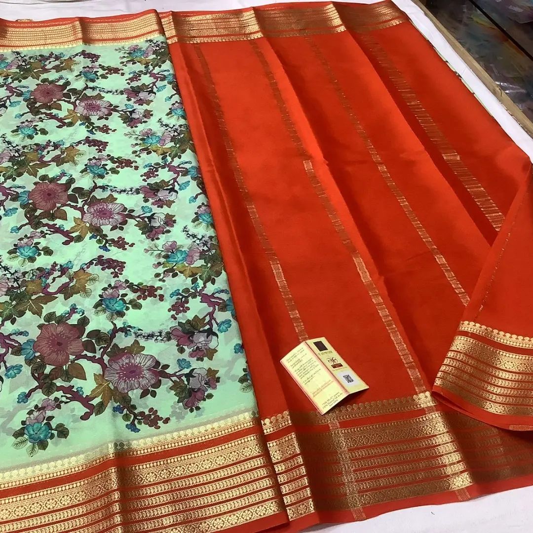 Digitally Designed Mysore Crepe Saree With Classic Zari Border Accent