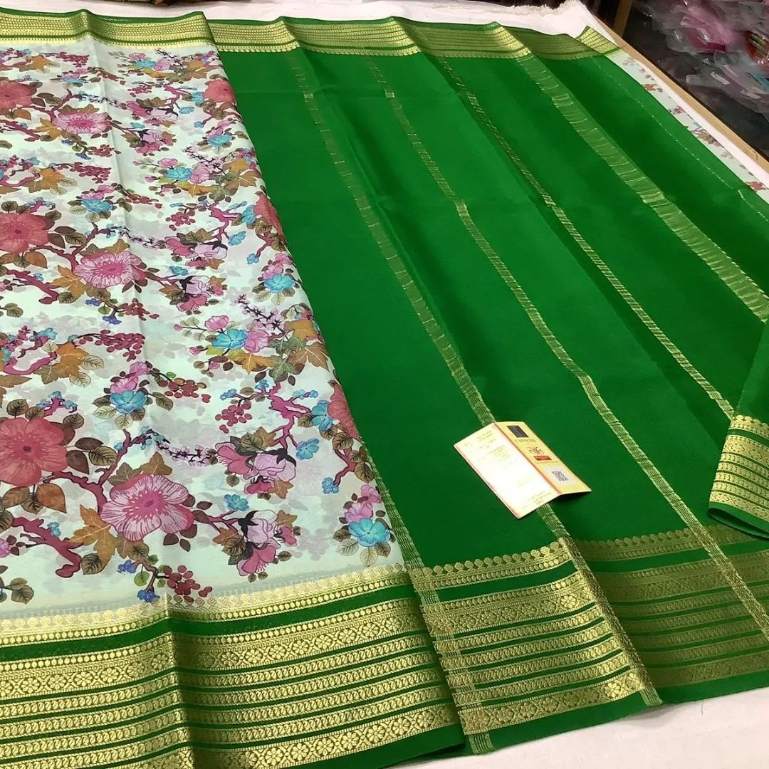 Mysore Crepe Silk Party Saree With Trendy Digital Prints And Zari Finish