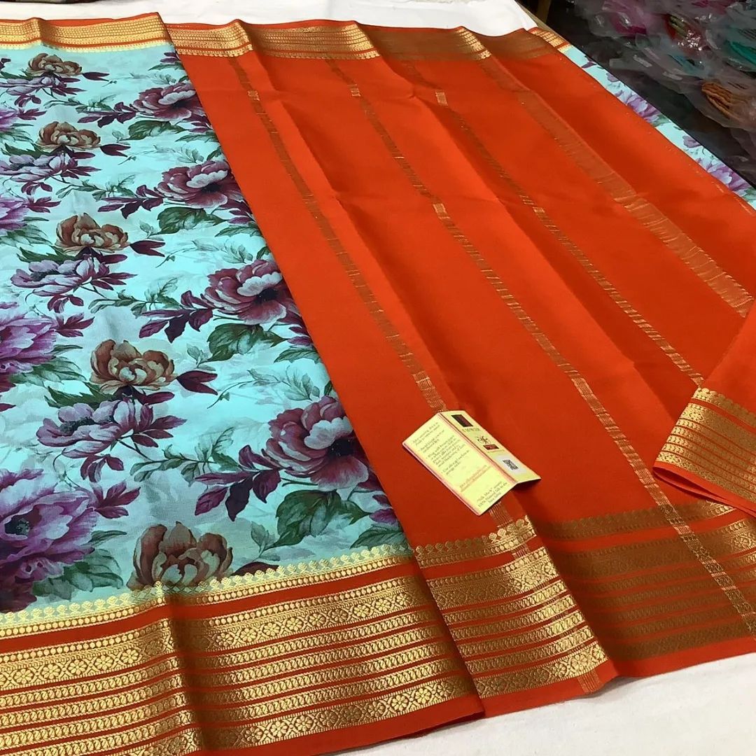 Stylish Pure Mysore Silk Crepe Saree With Printed Look And Zari Edging
