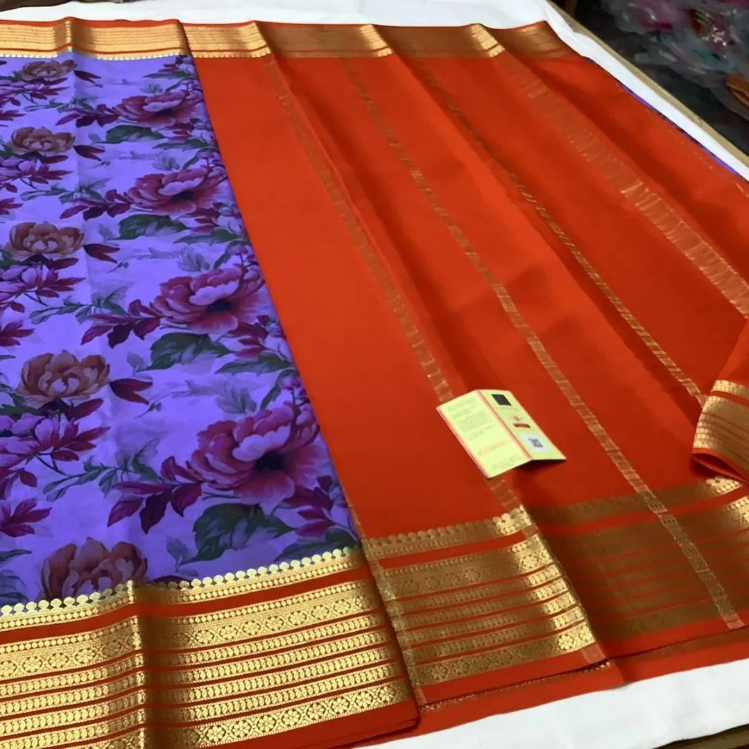Modern Traditional Mysore Silk Saree In Crepe With Zari Border Print