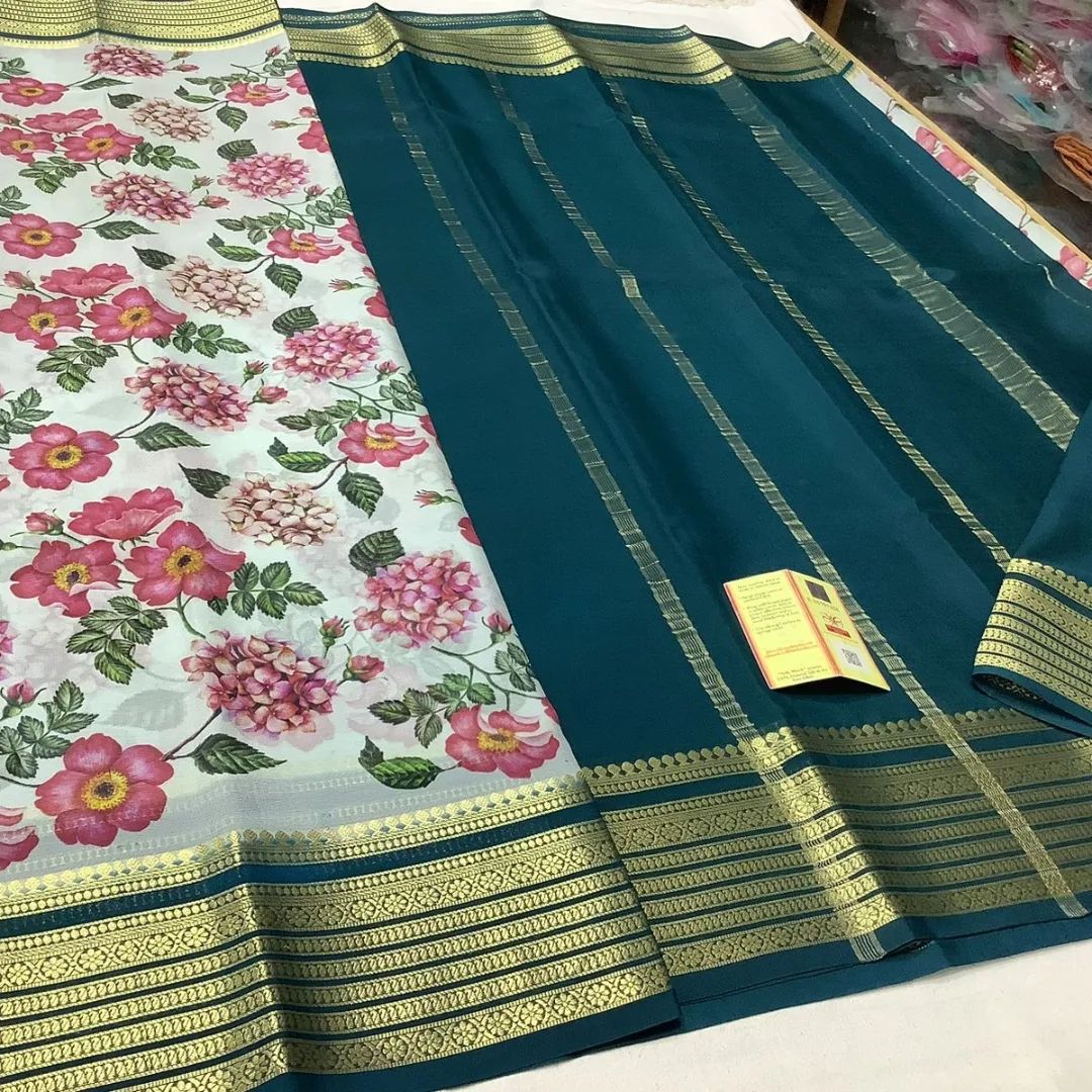 Classic Mysore Crepe Silk Saree With Digital Floral Print And Gold Zari Border