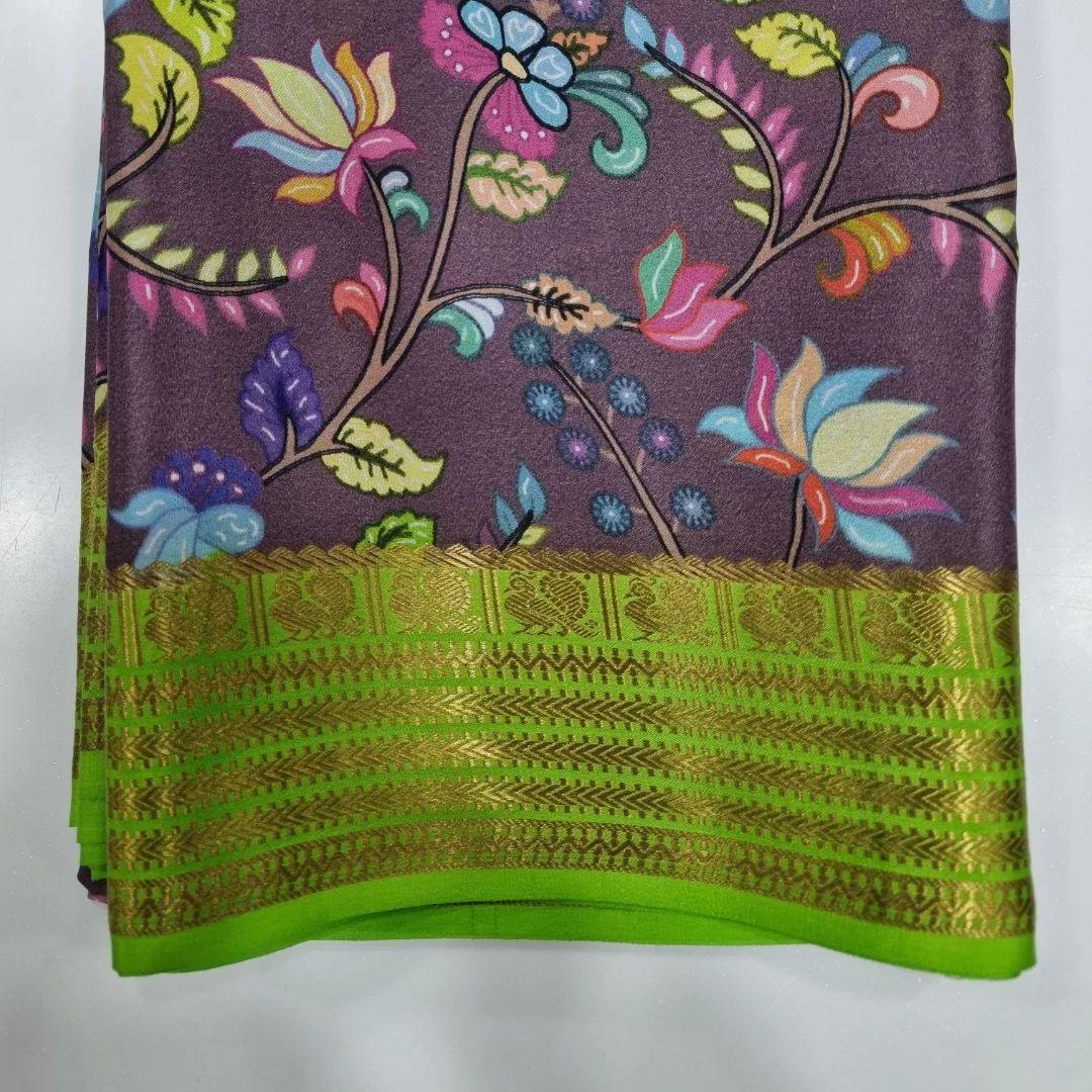 Mysore Crepe Silk Saree Digital Print And Contrast Zari Border Combo