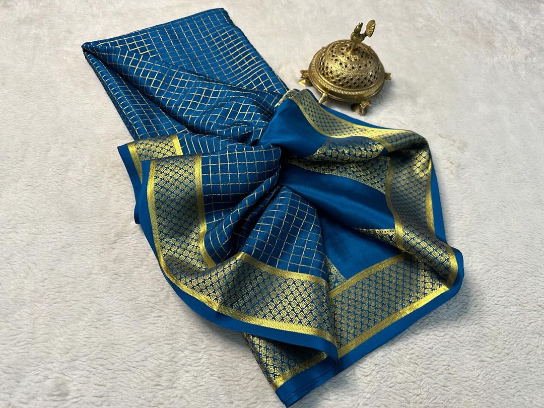 Elegant Mysore Brocade Silk Saree with Rich Chex Design & Pallu in Blue