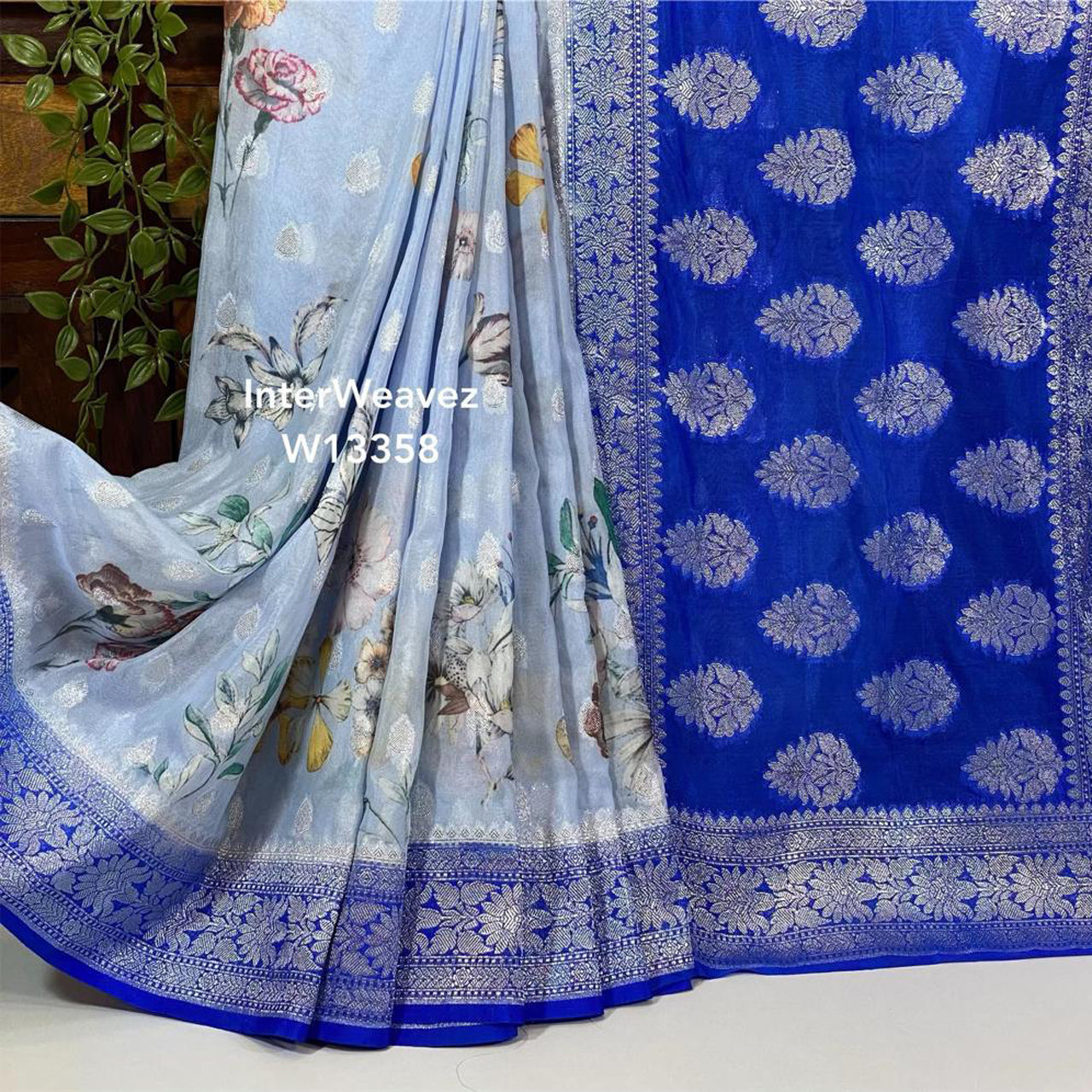 Artistic Sky Blue Crepe Silk Digital Saree With Banarasi Style Weave