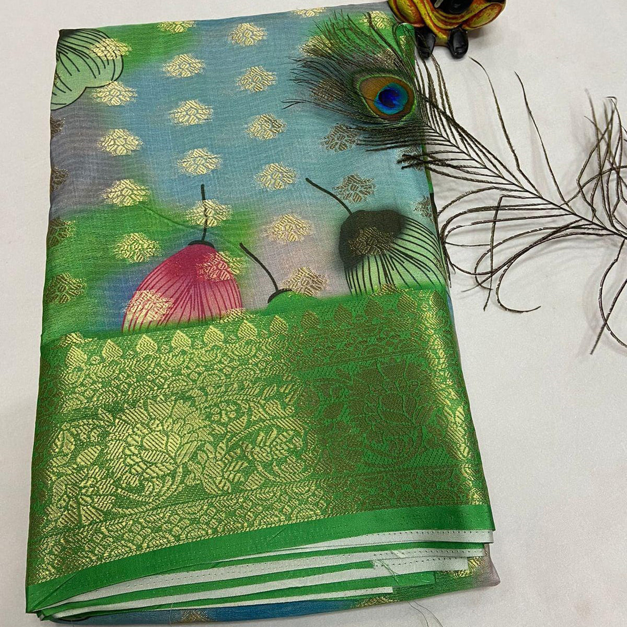Beautiful Green Georgette Crepe Saree With Banarasi Digital Design