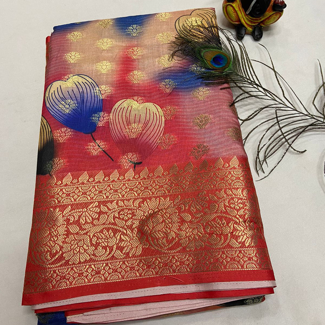 Trendy Red Banarasi Crepe Silk Saree With Elegant Digital Prints