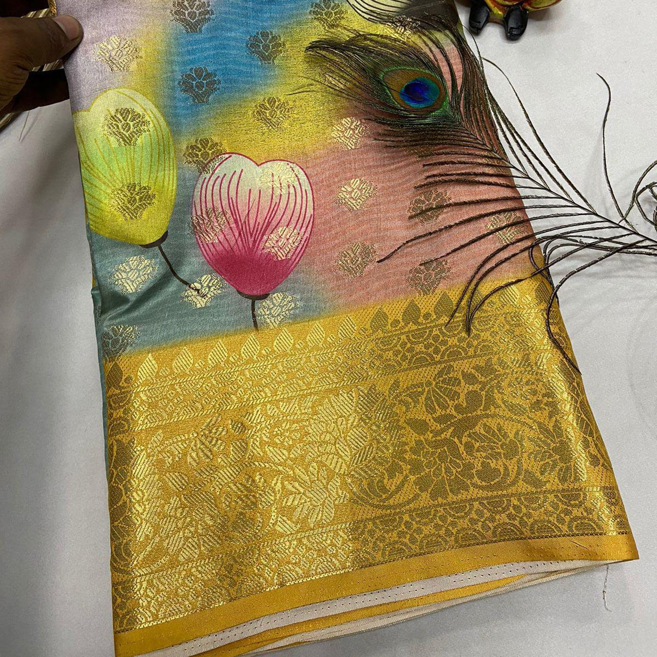Traditional Turmeric Yellow Banarasi Silk Saree With Digital Printed Crepe Finish