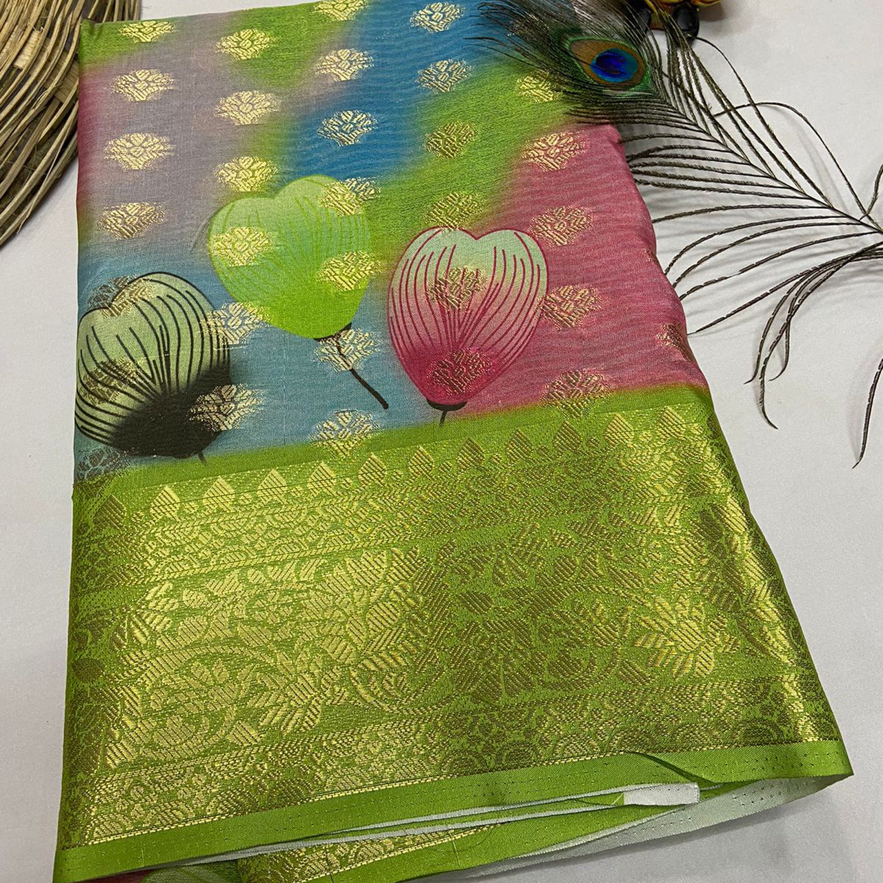 Chic Tan Green Digital Art Printed Banarasi Crepe Georgette Saree