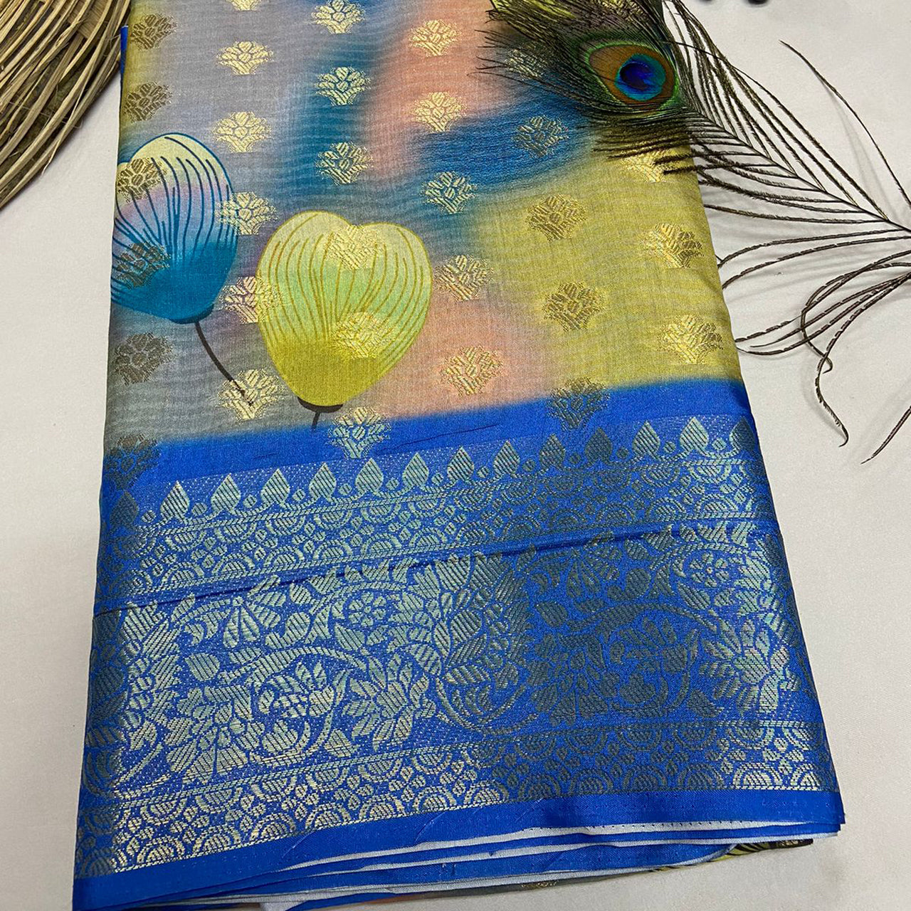 Soft Blue Crepe Georgette Silk Saree With Banarasi Print Highlights