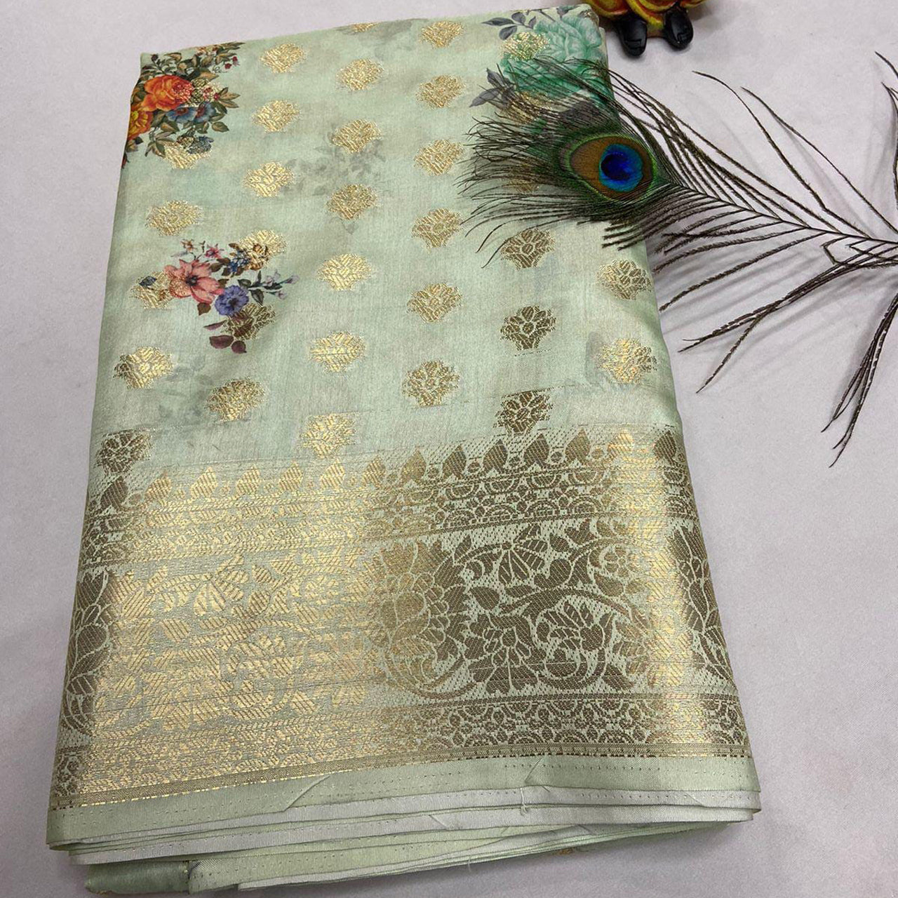 Stylish Sea Green Banarasi Georgette Crepe Silk Saree With Digital Prints
