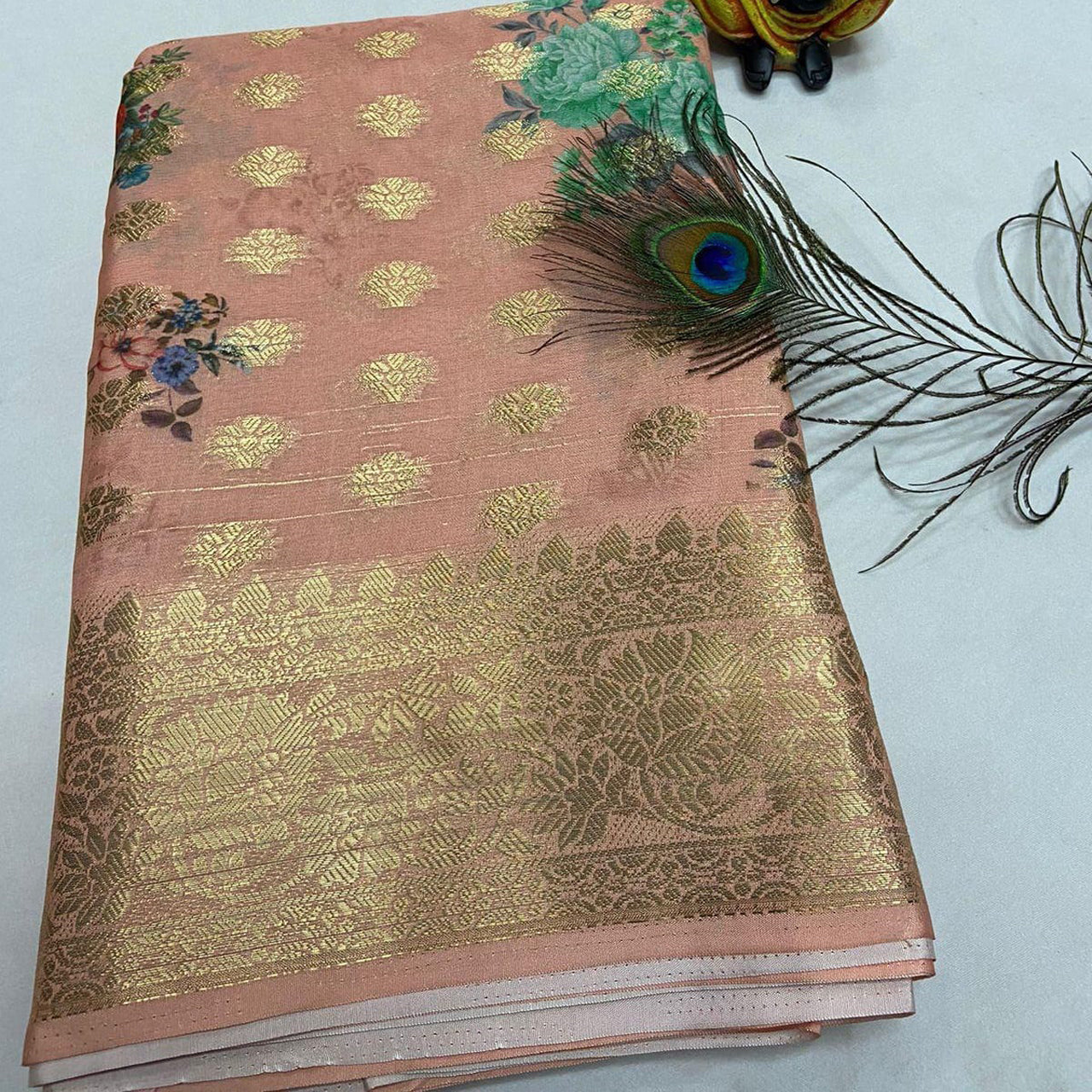 Designer Peach Digital Printed Crepe Georgette Banarasi Silk Saree