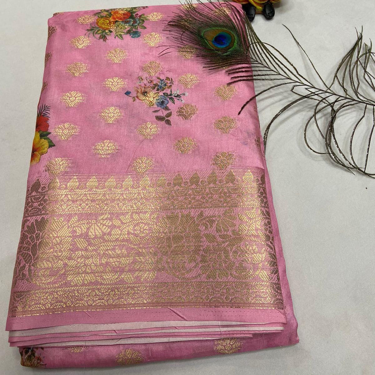 Premium Pink Banarasi Style Crepe Silk Saree With Digital Artwork