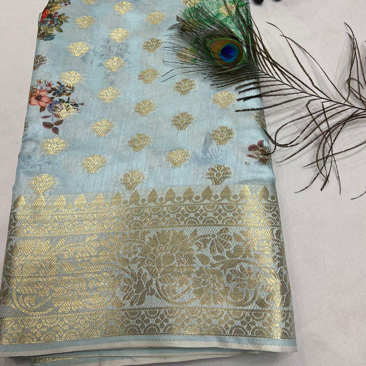 Graceful Cyan Digital Printed Silk Saree In Banarasi Crepe Georgette
