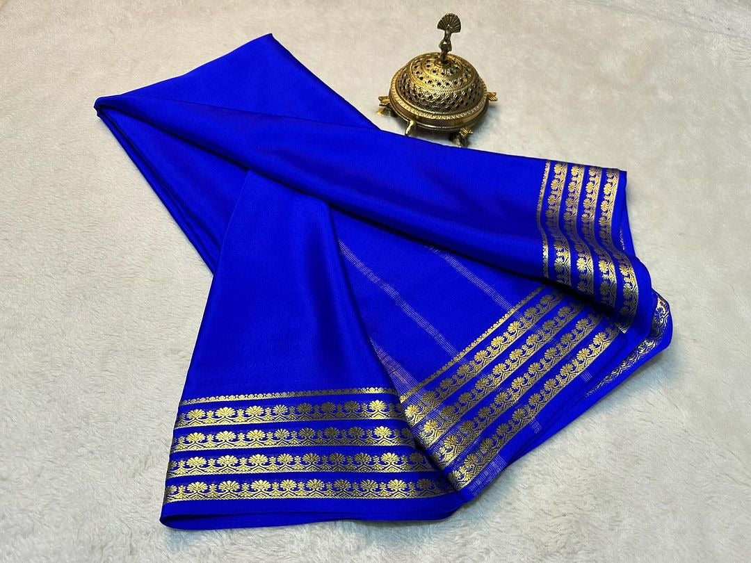 Classic Blue Zari Border Mysore Silk Saree With Fancy Blouse Fabric