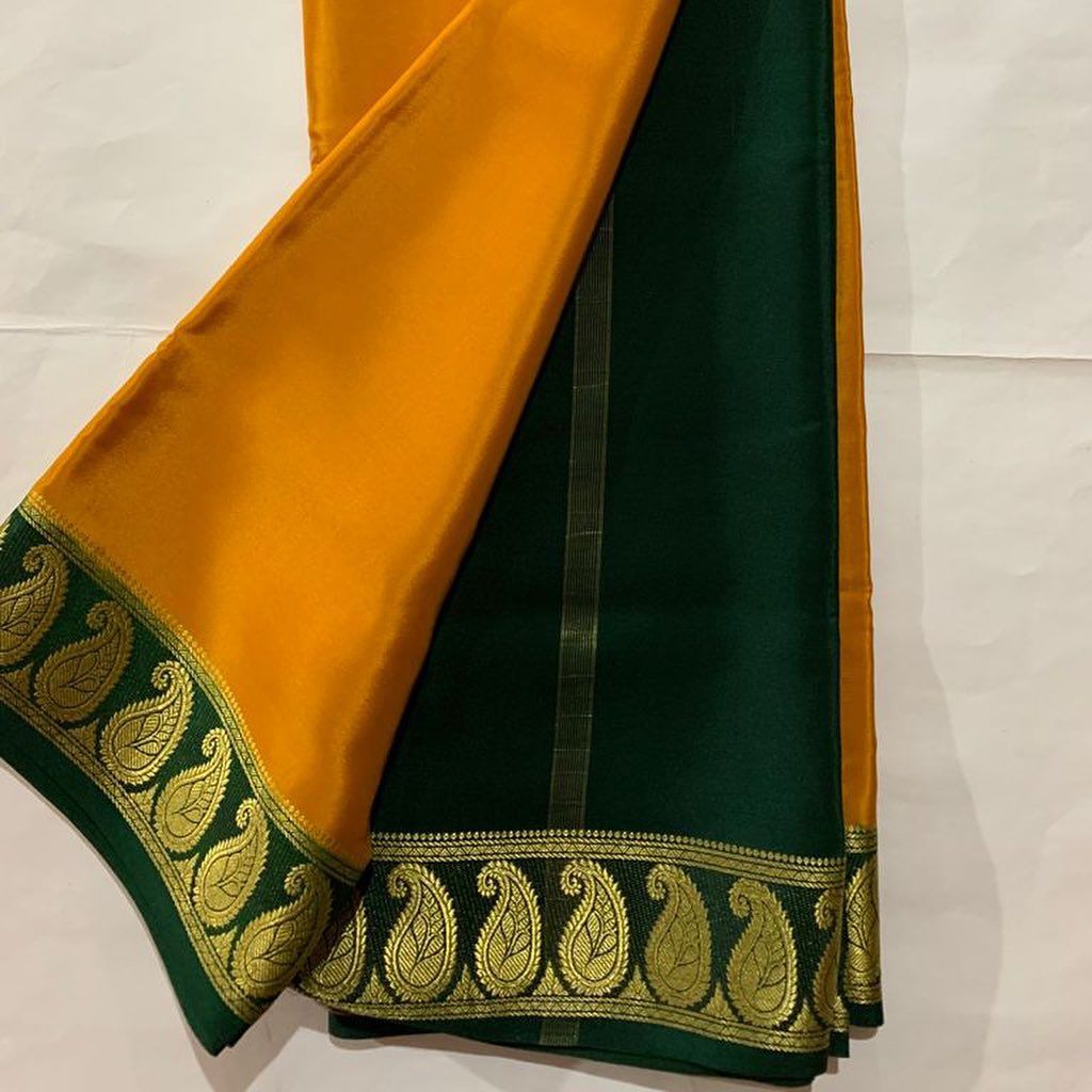Zari Border Plain Mysore Silk Orangr And Green Saree