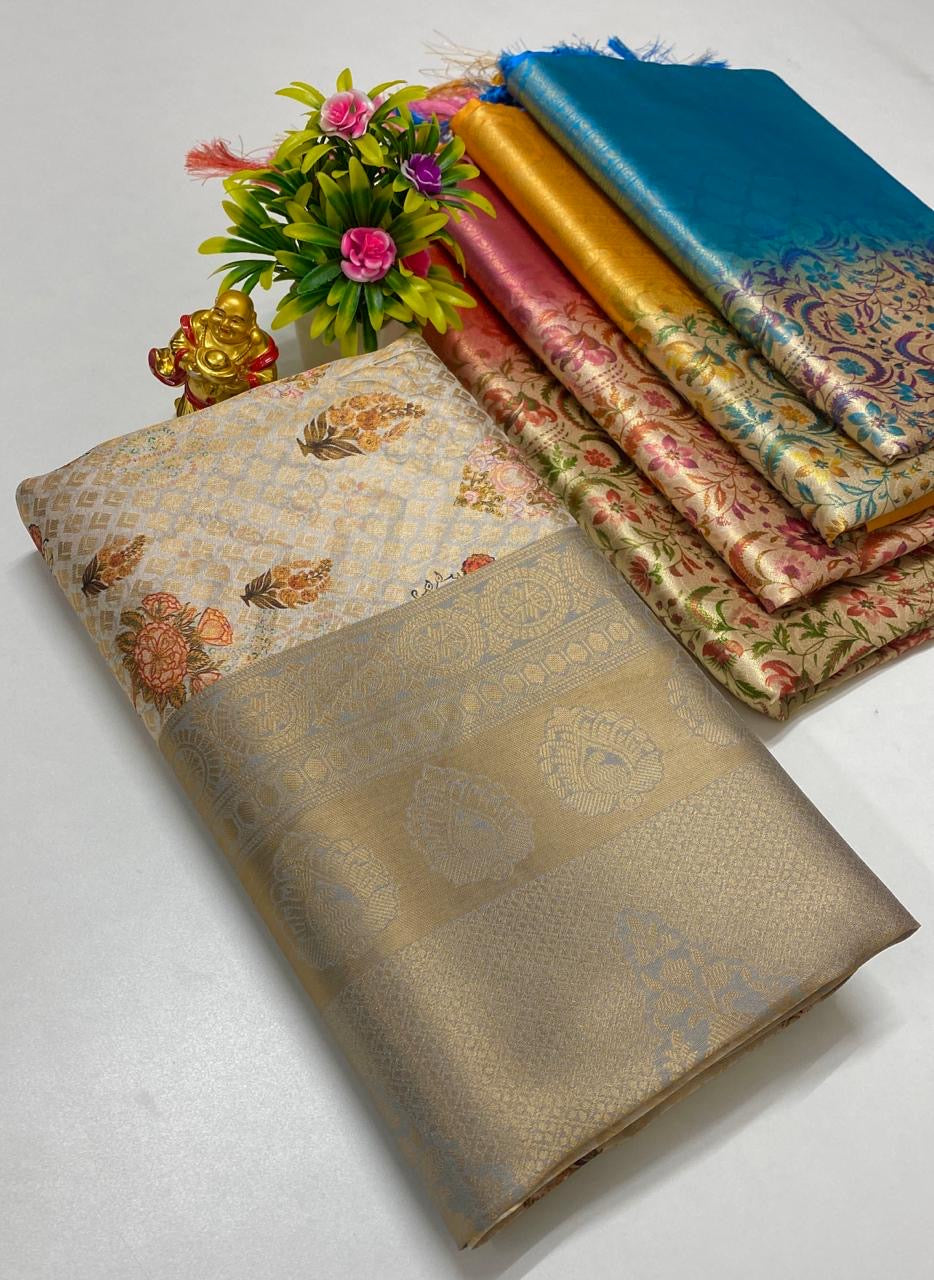 Beige Fancy Banarasi Silk Digital Printed Saree With Blouse