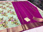 Vibrant Mysore Digital Print Saree In Pure Silk Crepe With Gold Zari Trim