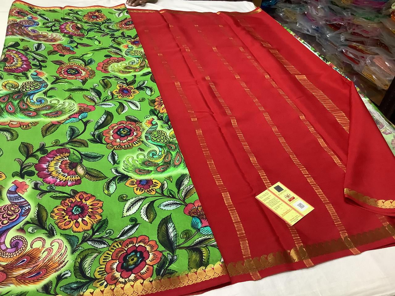 Pure Mysore Crepe Silk Saree With Digital Print And Elegant Zari Border