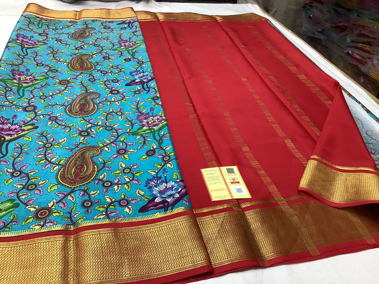 Graceful Mysore Silk Crepe Saree With Vibrant Digital Prints And Zari Trim