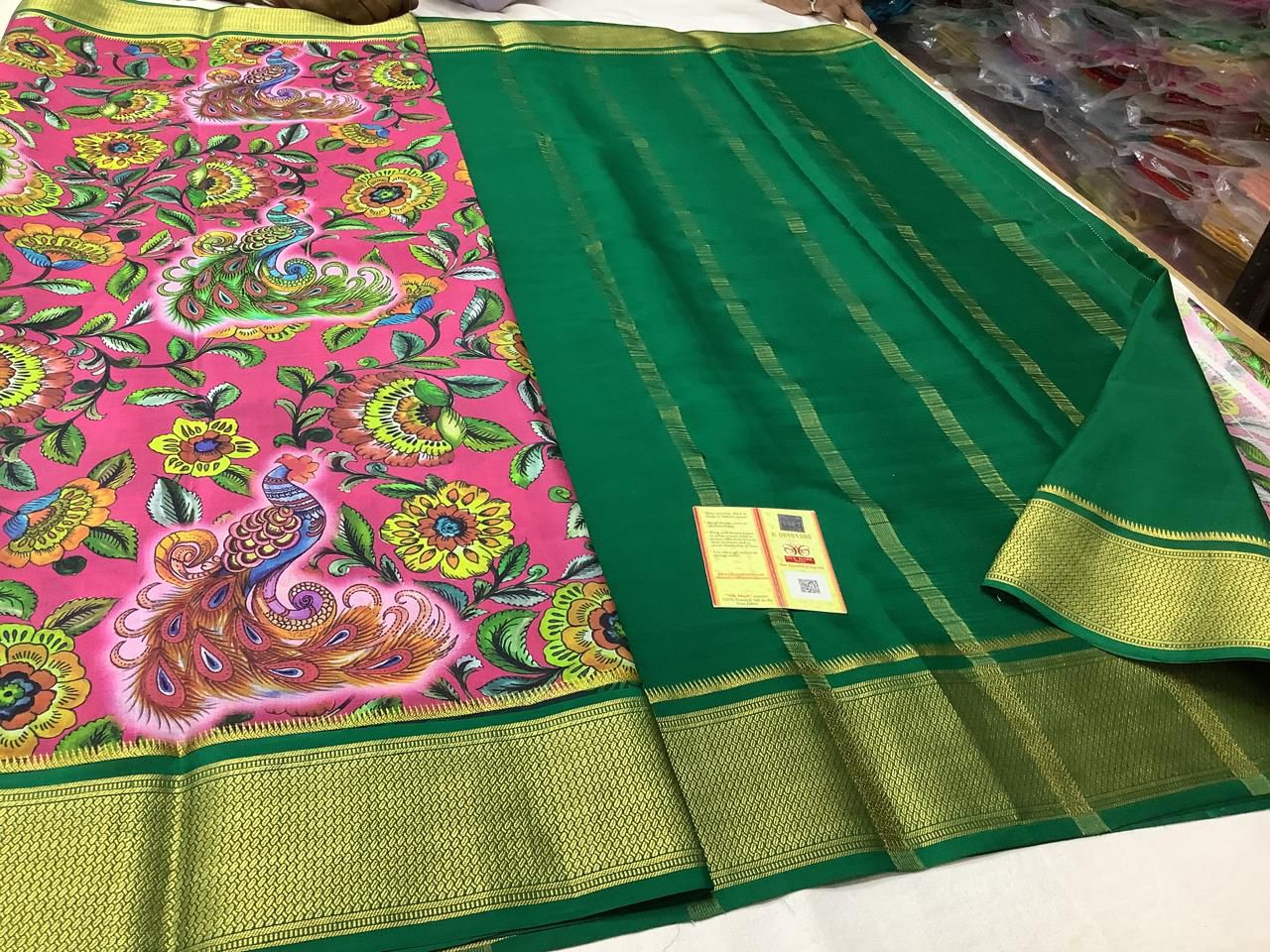 Elegant Digital Print Mysore Crepe Silk Saree With Contrast Zari Work