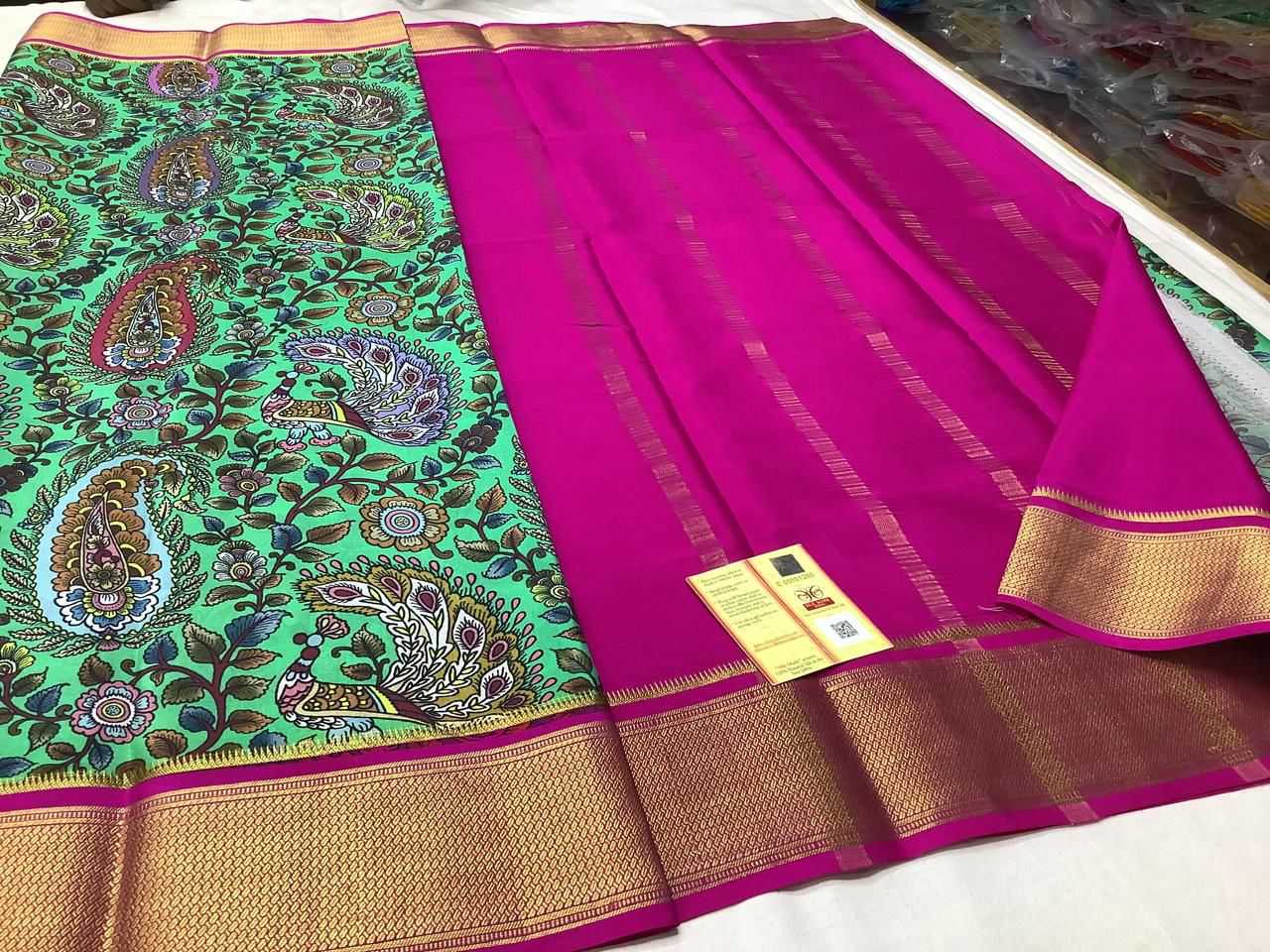 Authentic Pure Mysore Crepe Saree With Digital Artwork And Zari Border