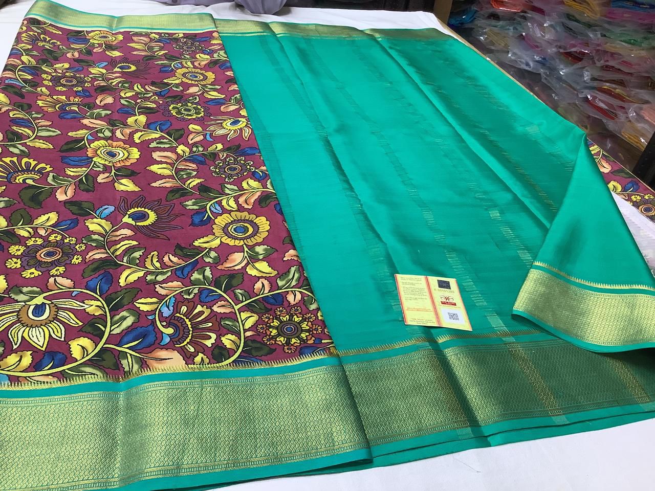 Classic Mysore Crepe Silk Saree With Traditional Print And Gold Zari Border