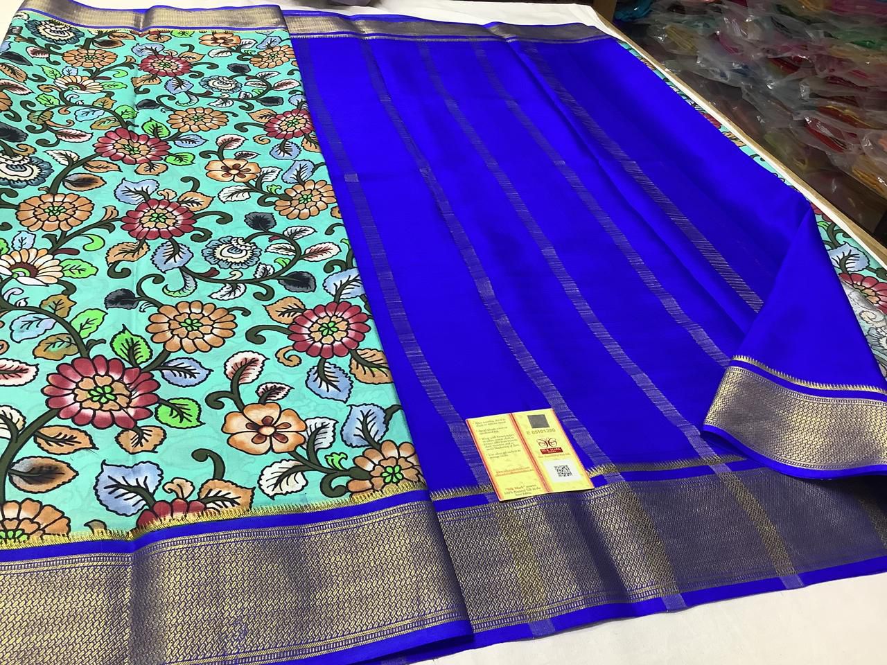 Vibrant Printed Mysore Silk Crepe Saree With Rich Zari Accents