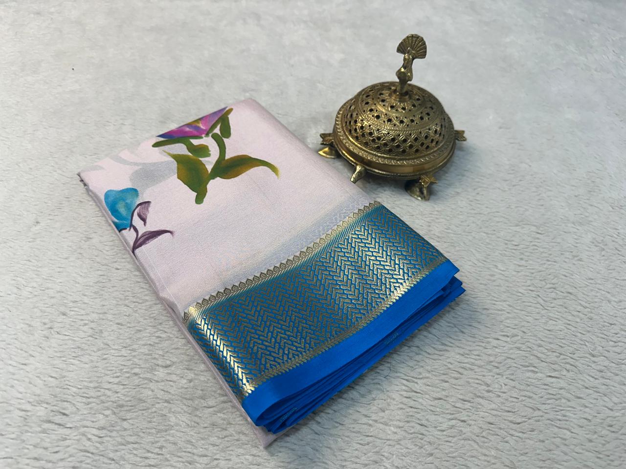 Cultural Digital Print Mysore Crepe Saree In Silk With Woven Zari Border