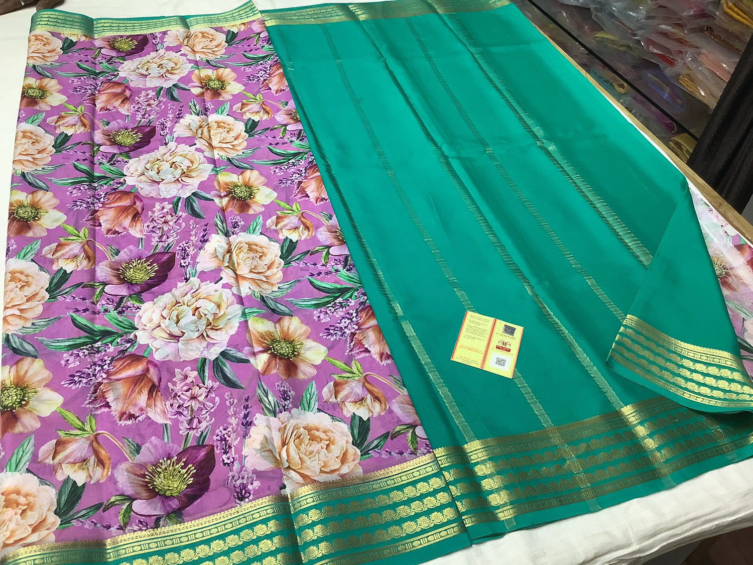 Pure Mysore Crepe Silk Saree With Elegant Digital Print And Zari Border