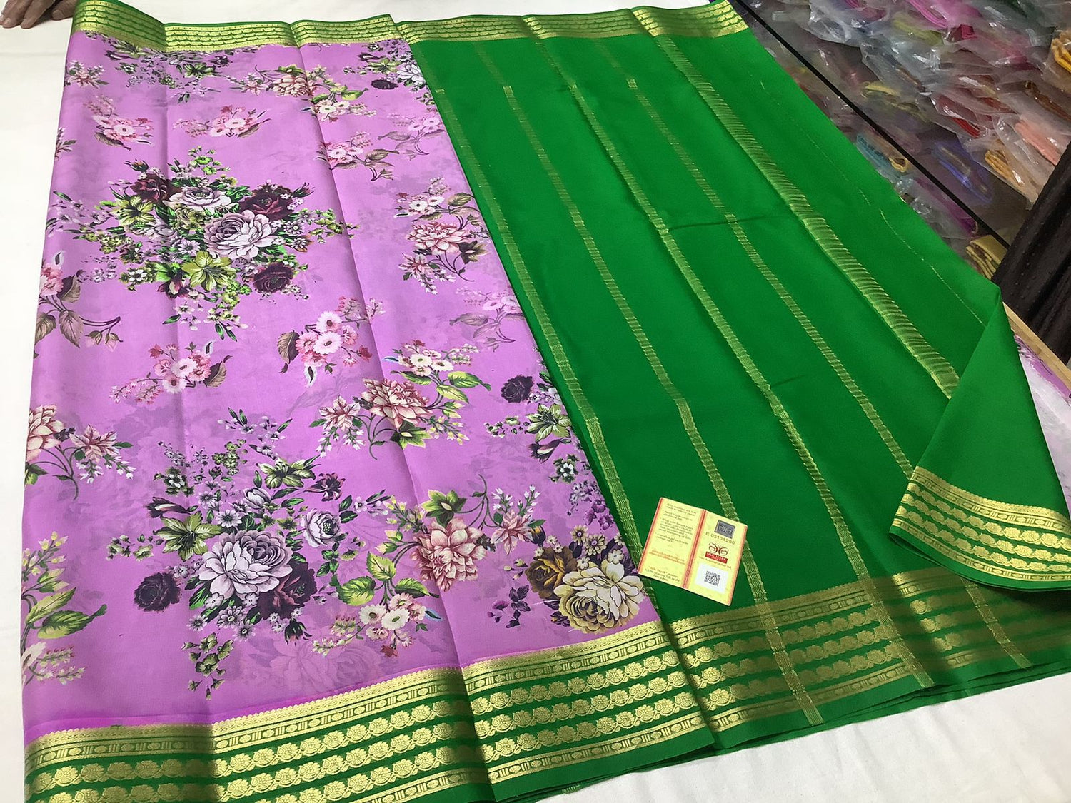 Digital Printed Mysore Crepe Silk Saree With Golden Zari Border