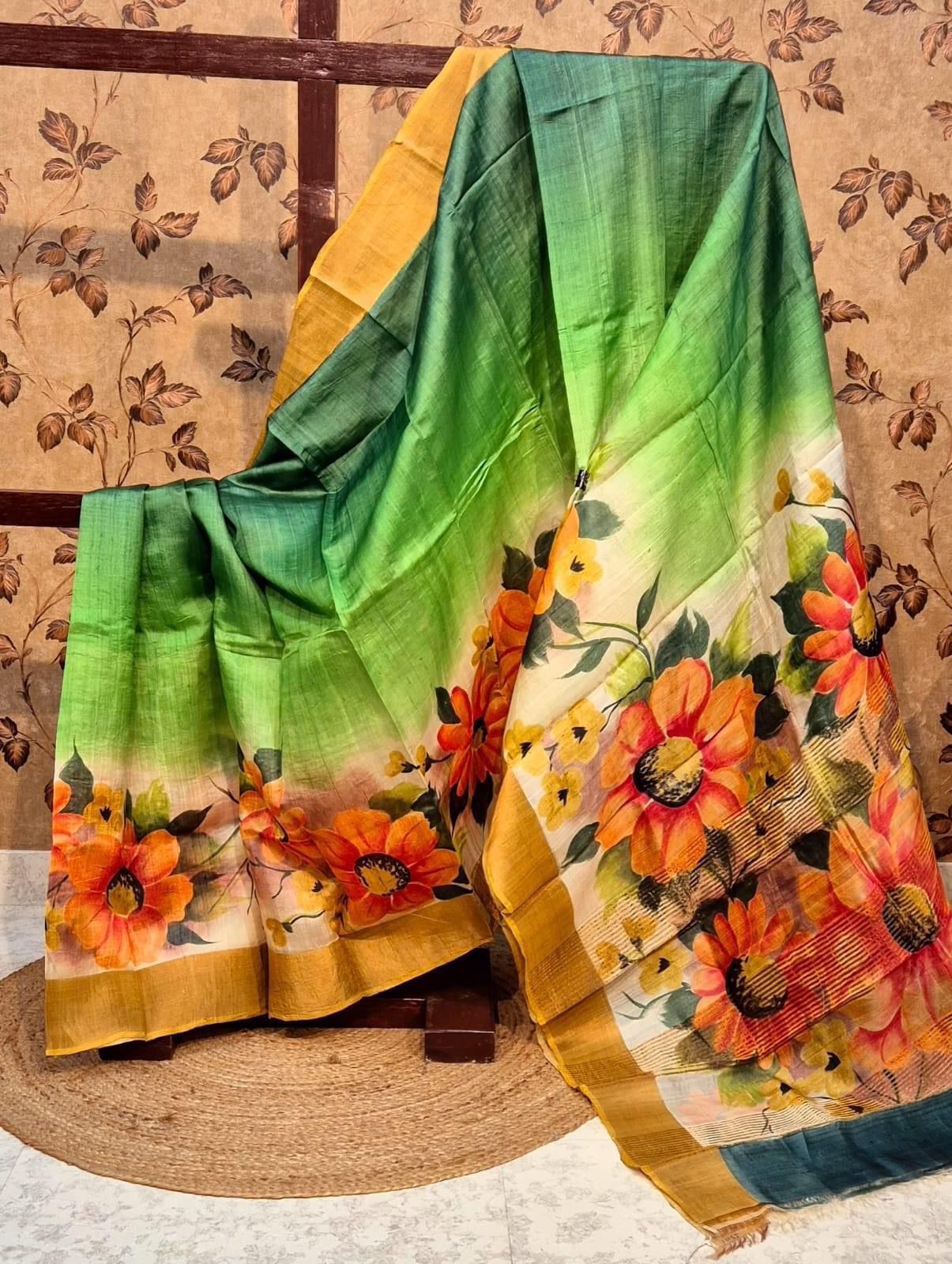 Green Tussar Silk Handloom Saree With Kanchi Pallu And Printed Design