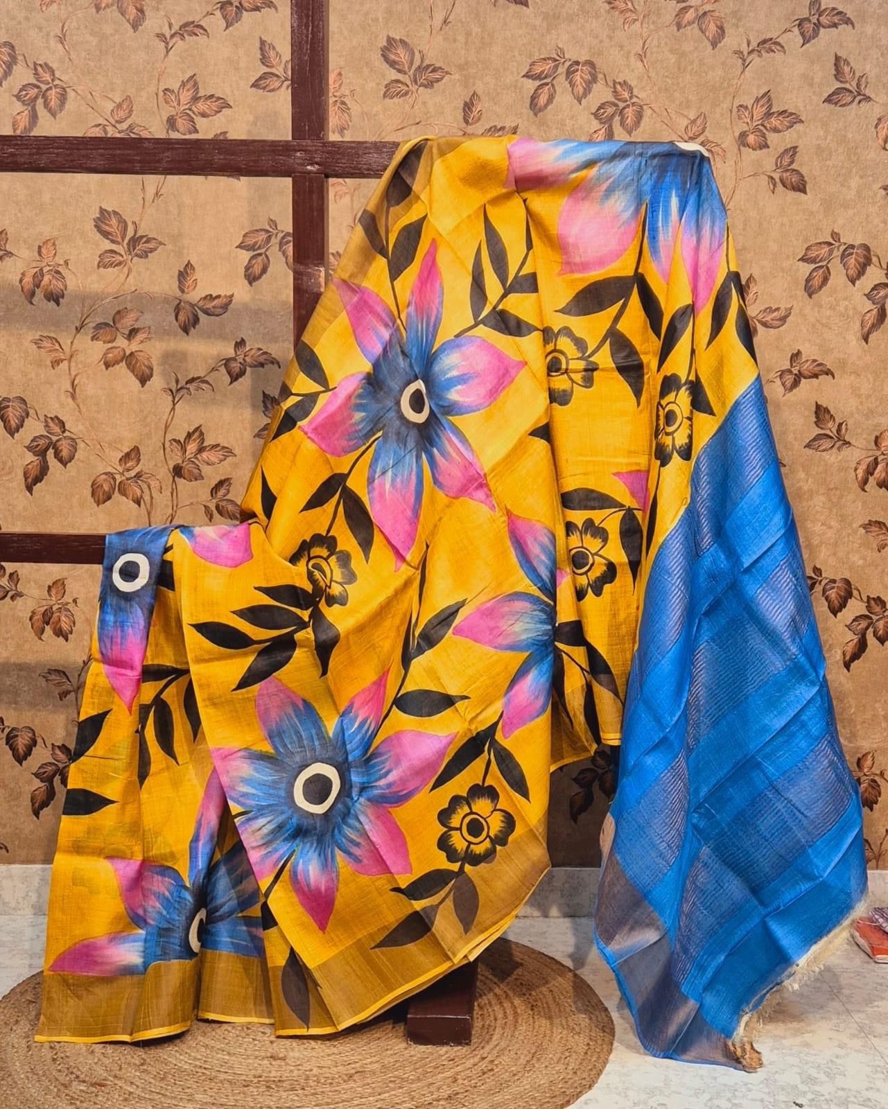 Traditional Yellow Kanchipuram Tussar Silk Saree Printed And Handwoven