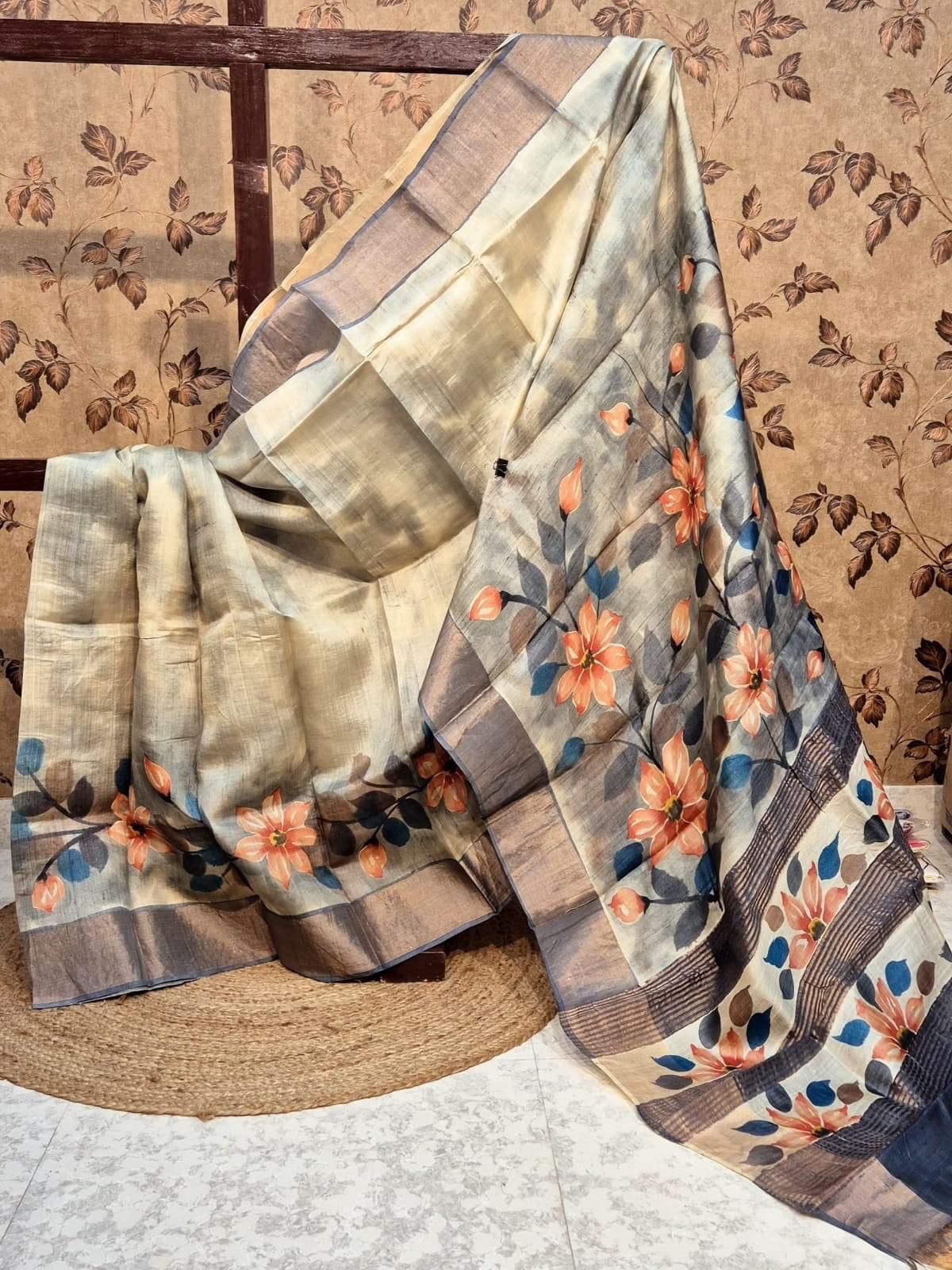 Traditional Printed Tussar Saree With Kanchi Pallu Grey Handloom Pick