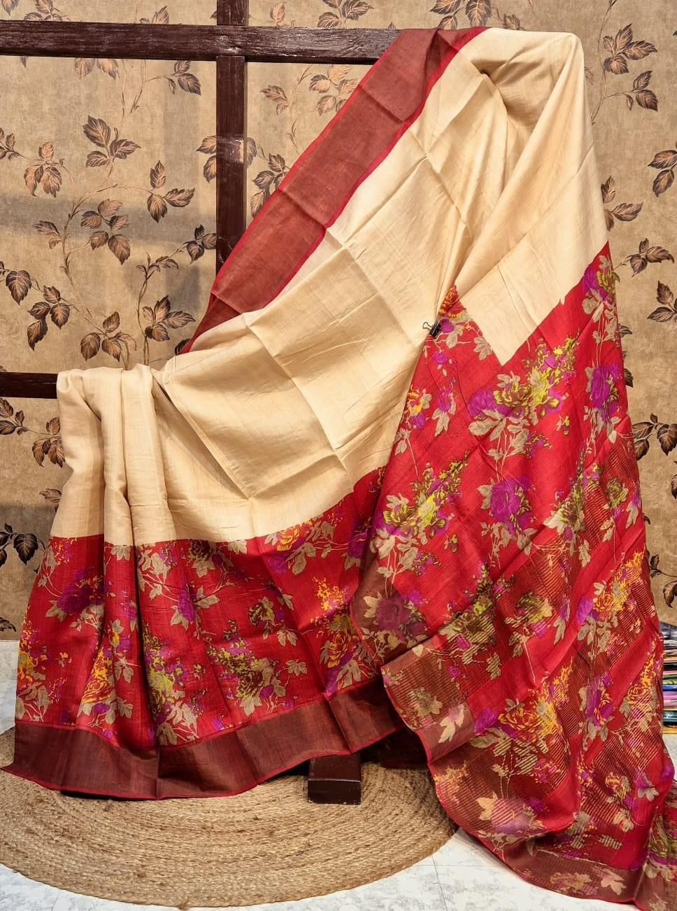 Elegant Tussar Handprint Sarees with Kanchi Pallu in Timeless Cream