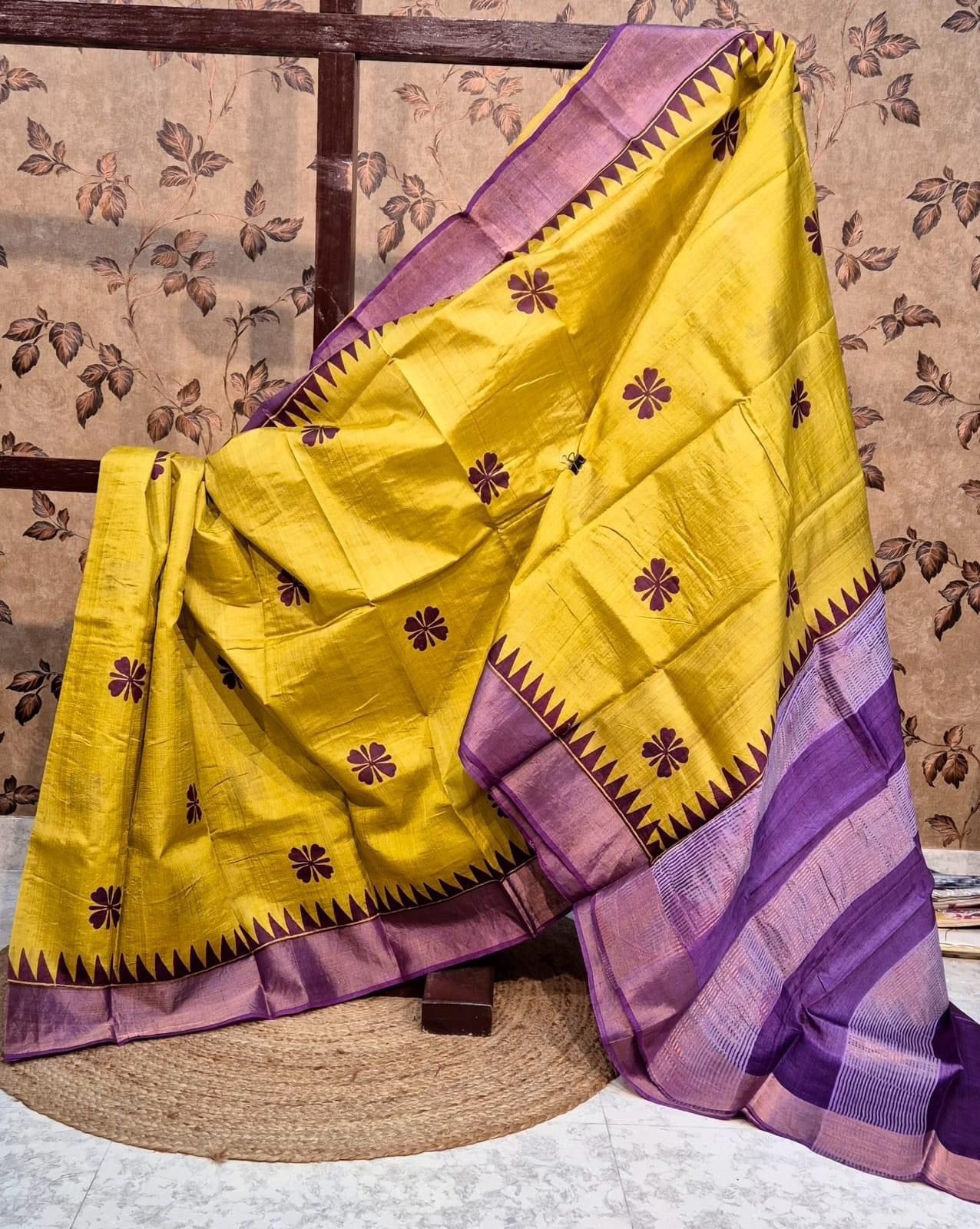 Exquisite Tussar Handprint Sarees with Kanchi Pallu in Glorious Golden