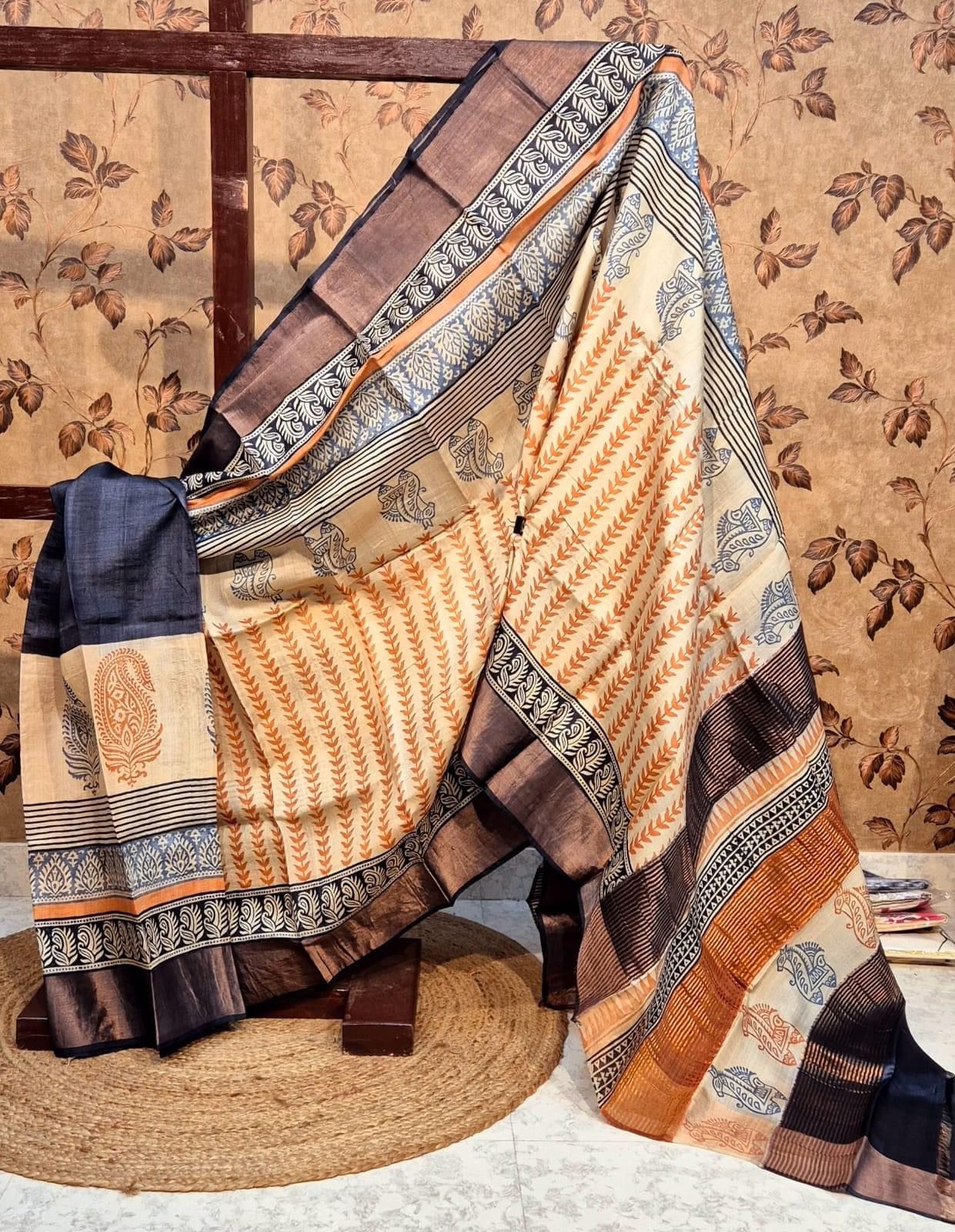 Graceful Yellow Tussar Silk Printed Saree With Kanchipuram Pallu