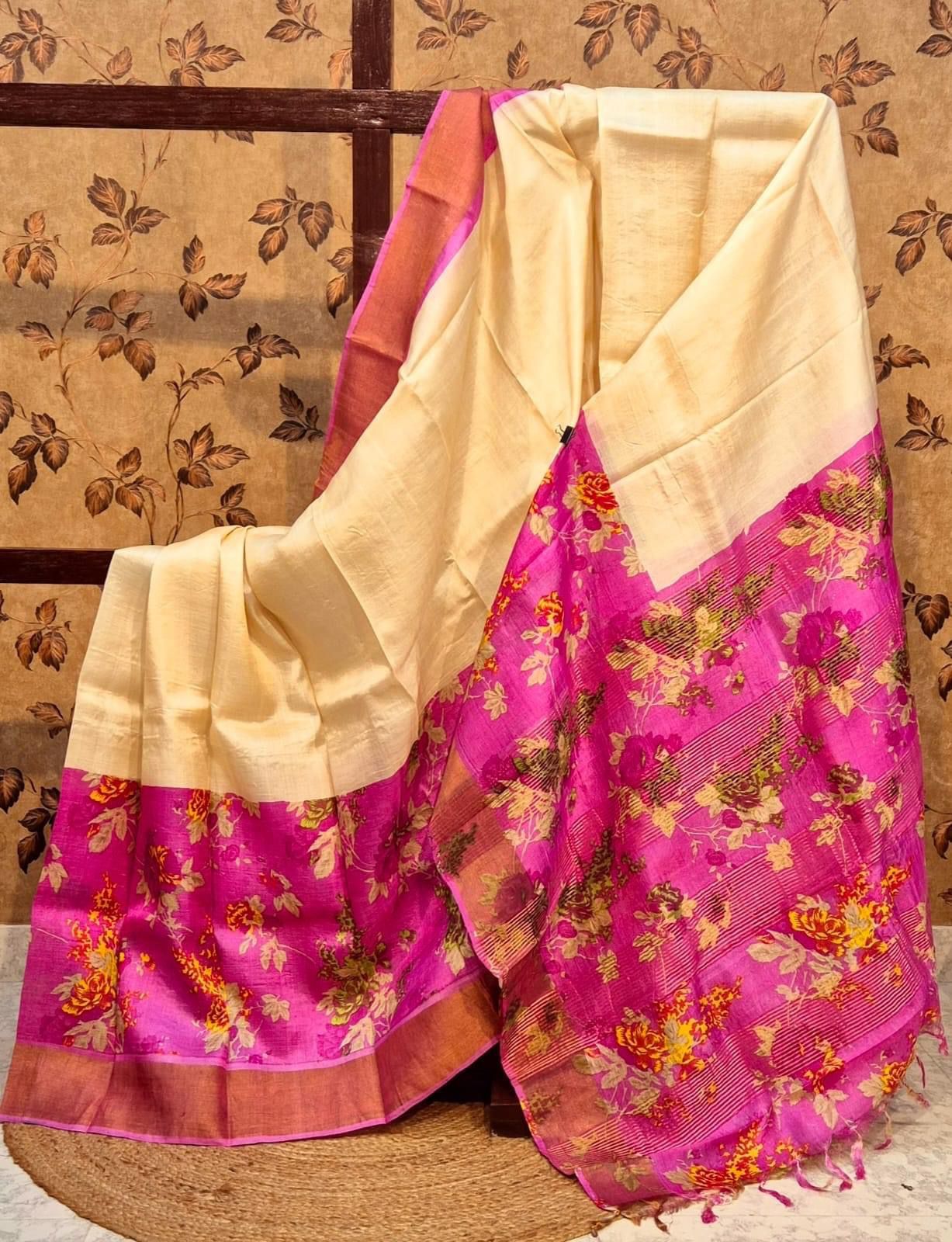 Golden Traditional Silk Saree Printed Tussar With Kanchi Finish