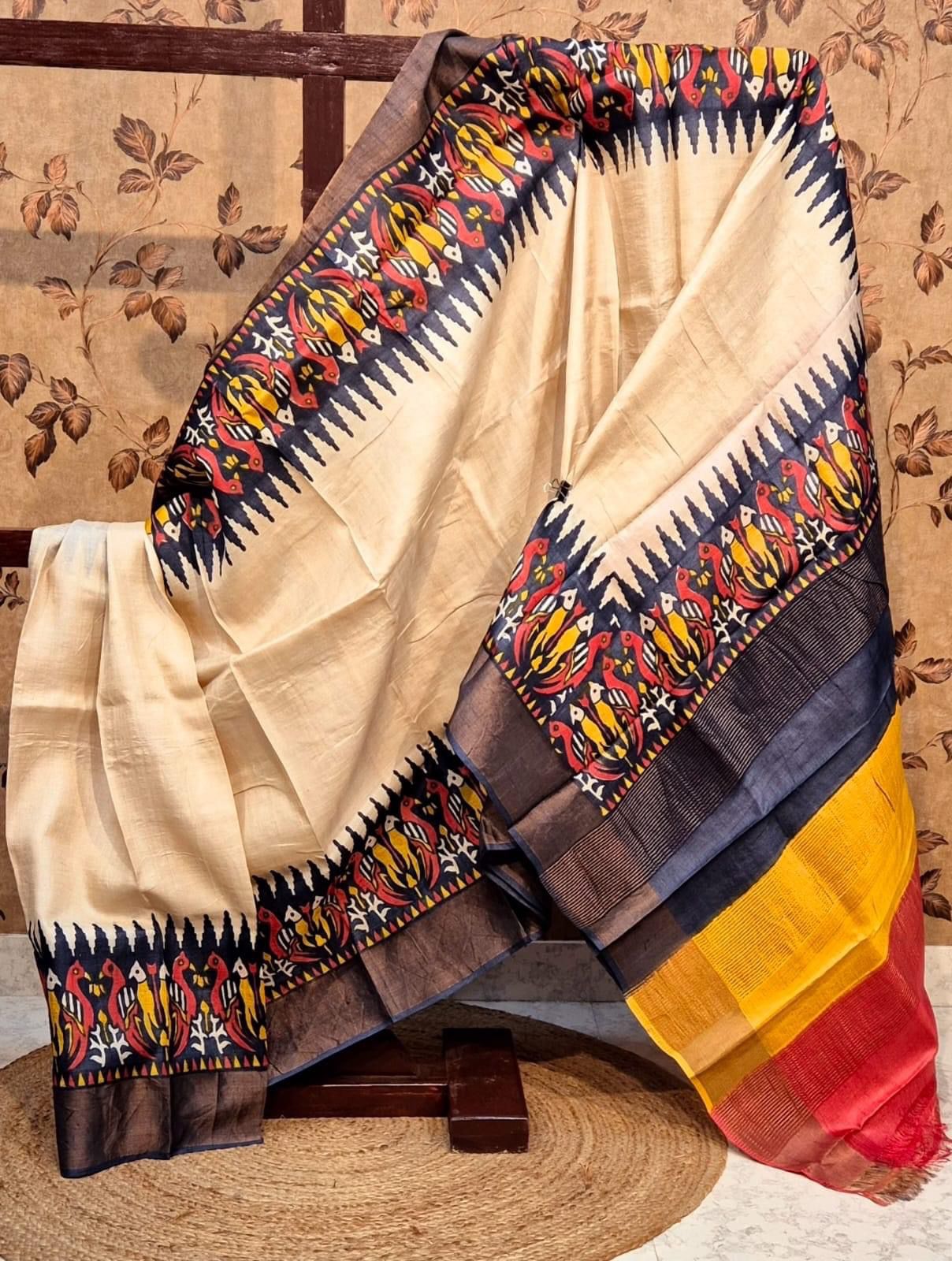 Luxury Cream Handloom Saree Tussar Silk With Kanchi Inspired Pallu