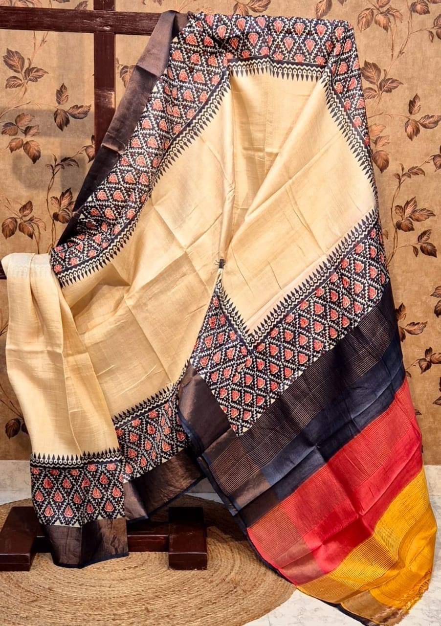 Cream Designer Tussar Saree Ethnic Prints And Kanchi Pallu