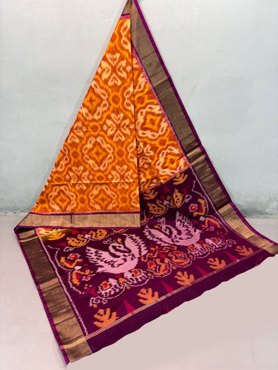 Handcrafted Orange Soft Silk Sico Saree Printed Pattu Handloom