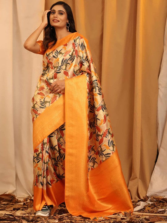 Artful Grace: Softly Draped Digital Print Saree in Vibrant Orange