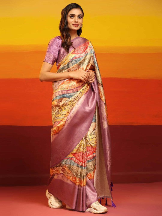 Digital Printed Purple Silk Saree Fancy Traditional Drape For Occasions
